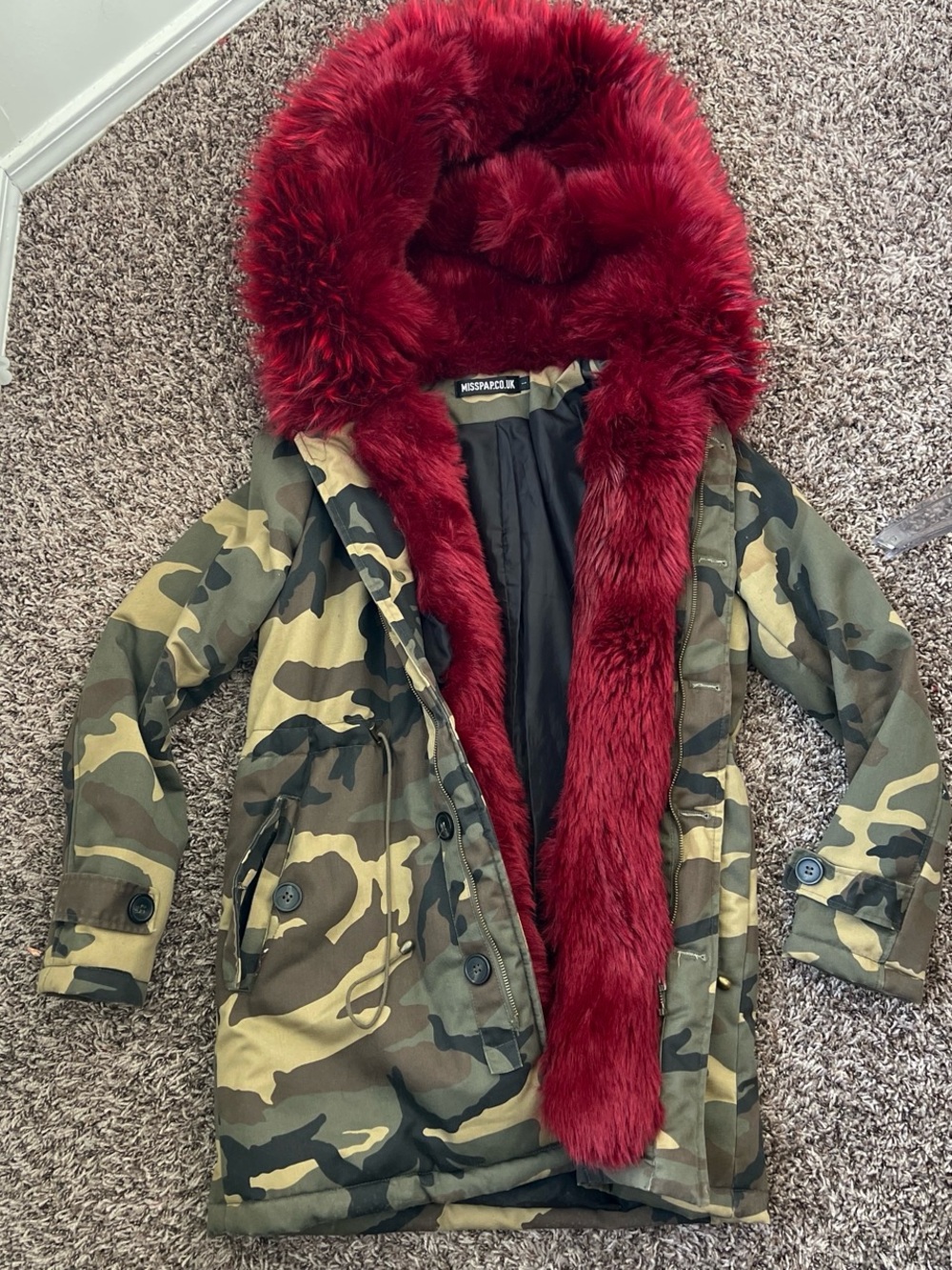 Camo Parka with Red Faux Fur Trim